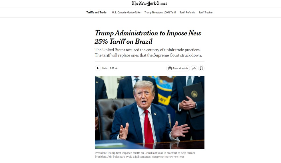 Reportagem do jornal The New York Times, dos Estados Unidos, sobre tarifas de 25% impostas pelos EUA ao Brasil em 16 de julho de 2026. — Foto: Reprodução/The New York Times