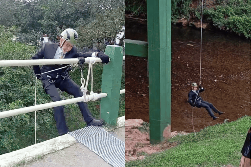 Noivo desce 13 metros de rapel de ponte para chegar ao casamento no interior de SP; VÍDEO