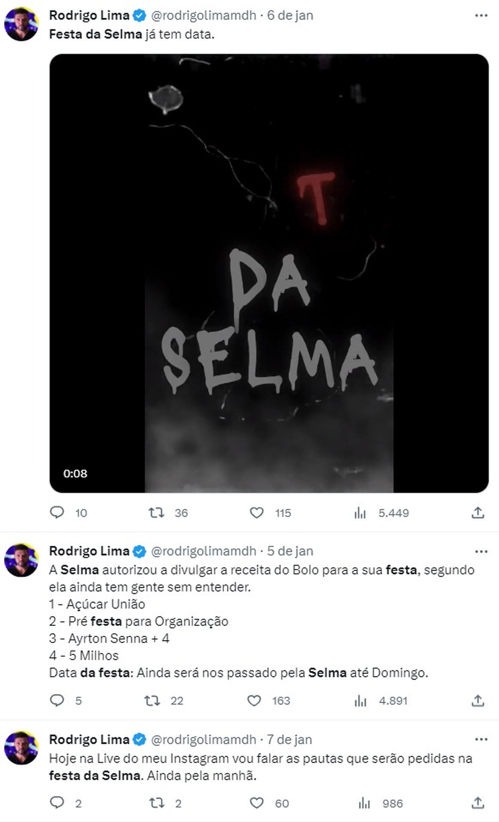 Postagens de Rodrigo Lima, preso pela PF por envolvimento nos atos golpistas, citando 'Festa da Selma' — Foto: X/Reprodução