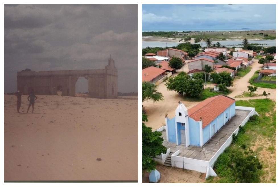 À esquerda, igreja na vila que foi soterrada. À direita, imagens atuais do distrito — Foto: Reprodução e Reprodução/Prefeitura de Camocim