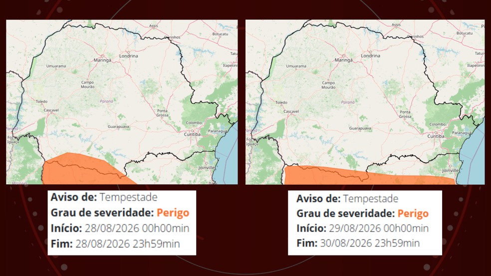 Alertas sobre o perigo de tempestades neste final de semana — Foto: Reprodução/Inmet