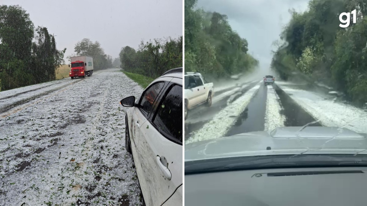 'Pedras do tamanho de ovos': temporal de granizo cobre rodovia no Norte do RS; VÍDEO
