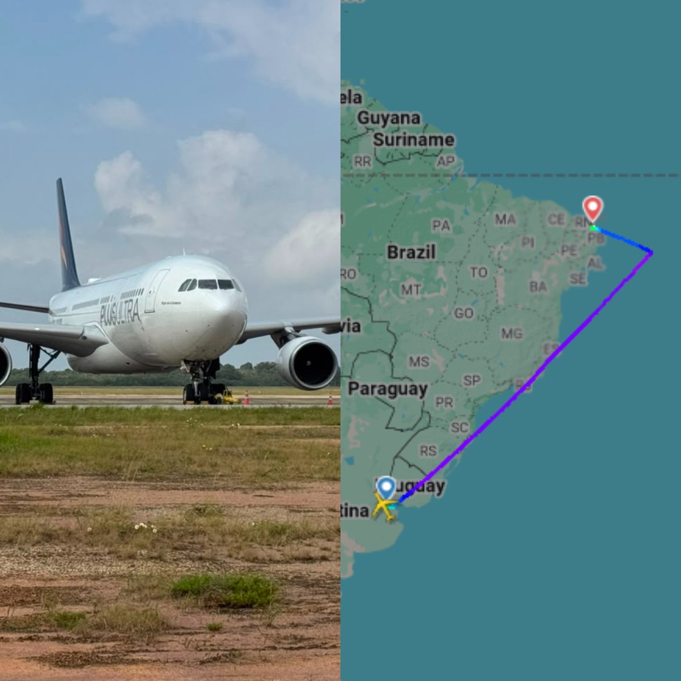 Aeronave que realizou pouso de emergência em Natal e imagem do flightradar do trajeto — Foto: Foto 1: Sérgio Henrique Santos/Inter TV Cabugi | Foto 2: flightradar