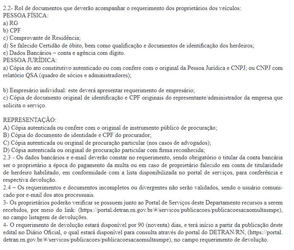 Documentação para ser ressarcido pelo Detran (clique na imagem para ampliar) — Foto: Divulgação