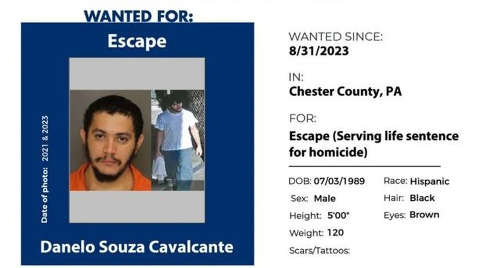 O nome do brasileiro é divulgado como 'Danelo' nos posts da polícia — Foto: Chester County Government/Via BBC