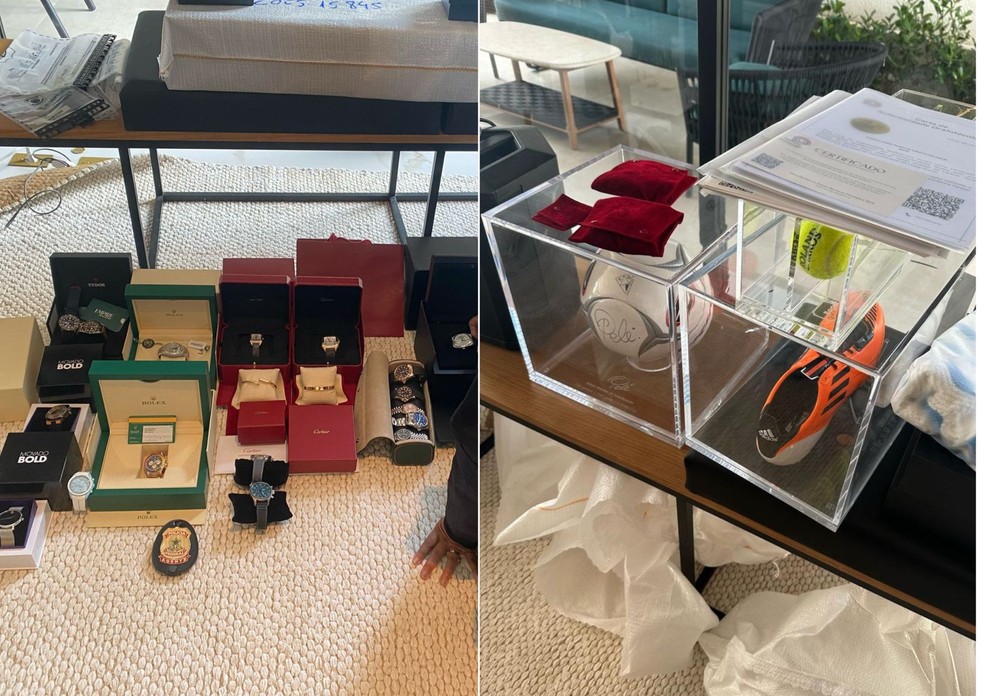 Relógios, uma bola de futebol autografad por Pelé e uma chuteira usada por Messi estão entre os bens apreendidos em Natal — Foto: Receita Federal e Polícia Federal