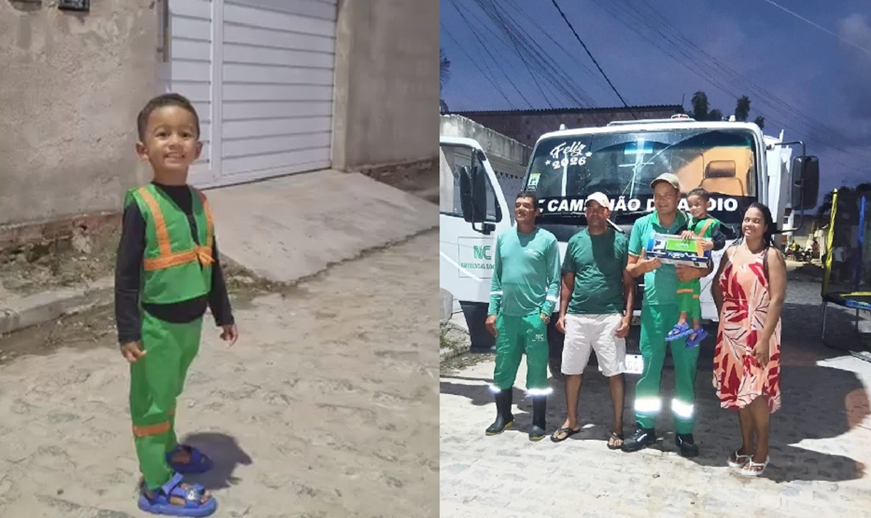 Menino de 3 anos ganha festa com tema de caminhão do lixo e recebe garis em aniversário com fogos e 'buzinaço'; VÍDEO