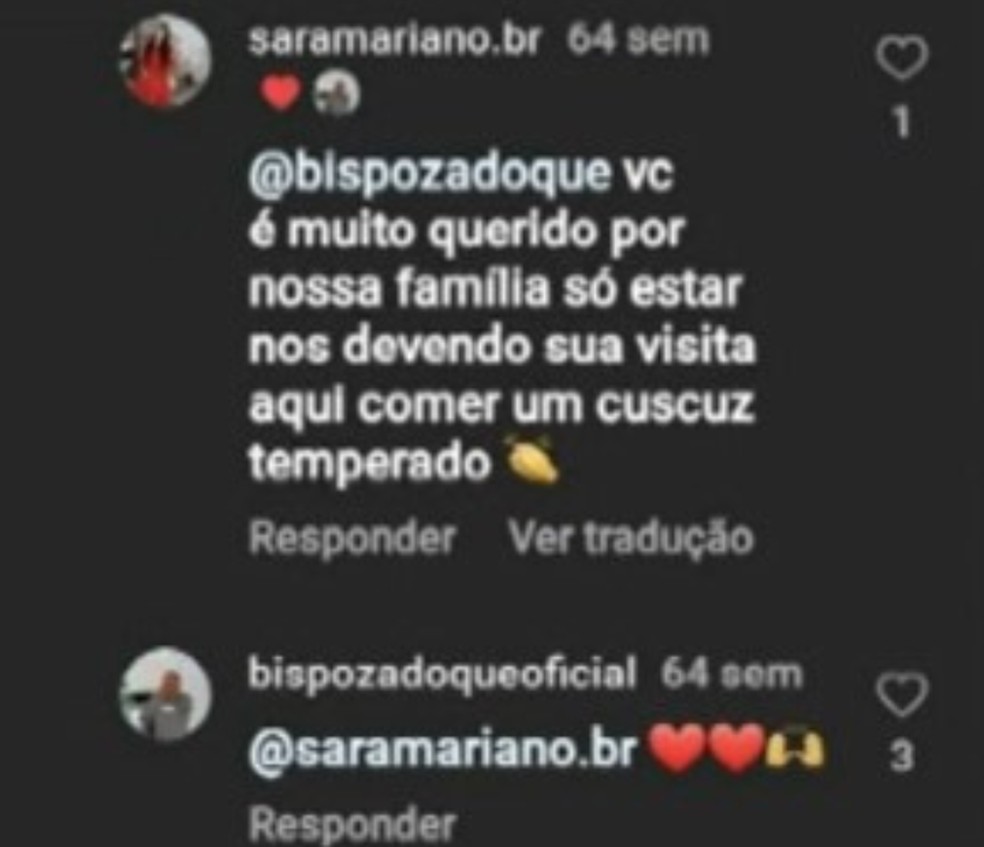 Sara fez comentário carinhoso nas redes sociais do bispo — Foto: Redes sociais