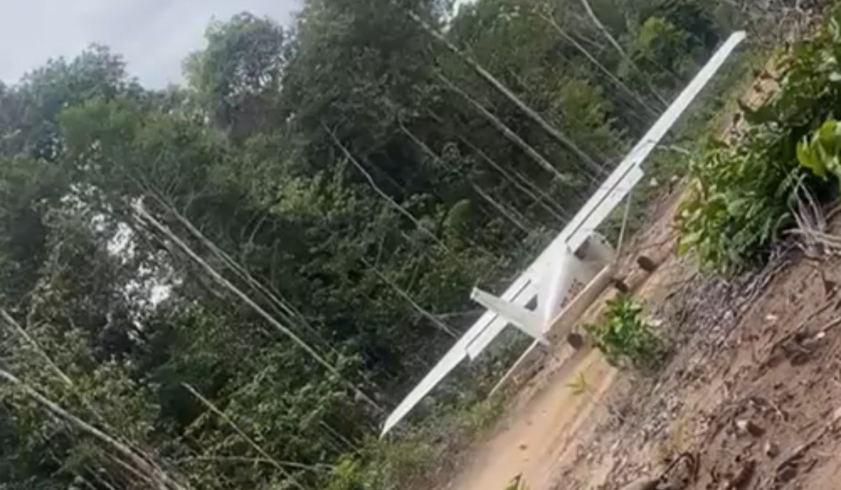 VÍDEO: Avião bate contra árvores durante decolagem em pista clandestina no AM