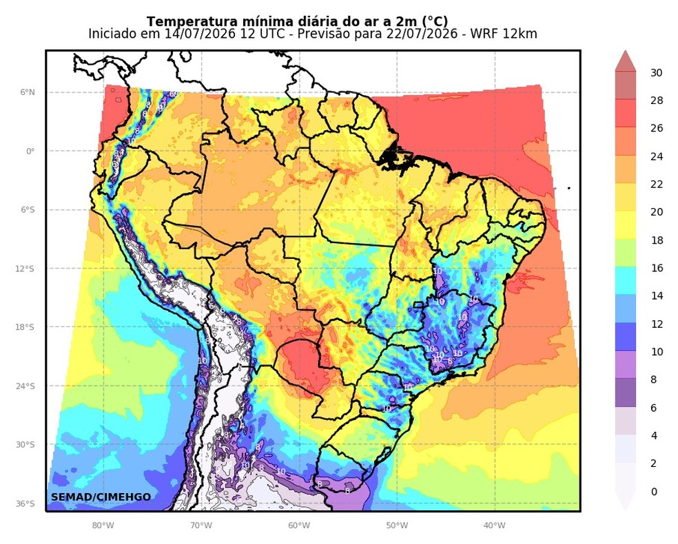 No mapa tons em azul e lilás indicam frio até o dia 22. — Foto: Divulgação/Cimehgo