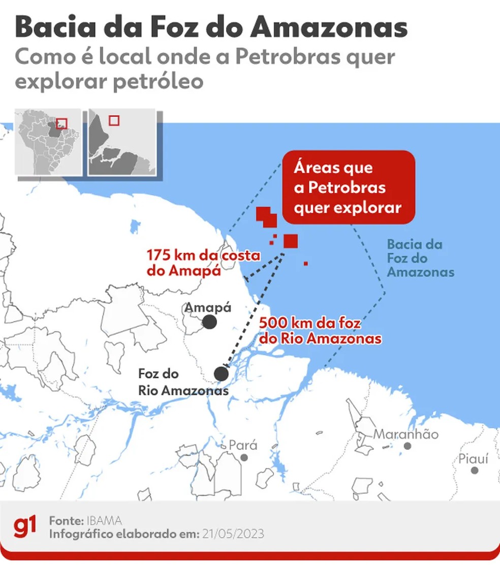 Infográfico mostra o local em que a Petrobras quer explorar petróleo na bacia da Foz do Amazonas. — Foto: Foto: Editoria da Arte/g1