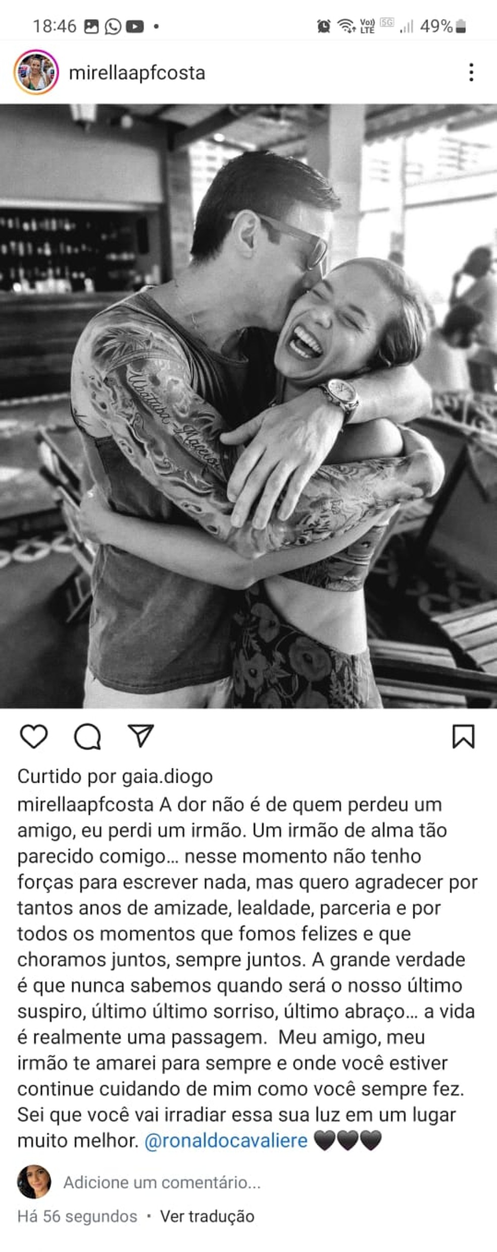 Amiga de Ronaldo Cavaliere prestou homenagem a ele nas redes sociais — Foto: Reprodução/Instagram
