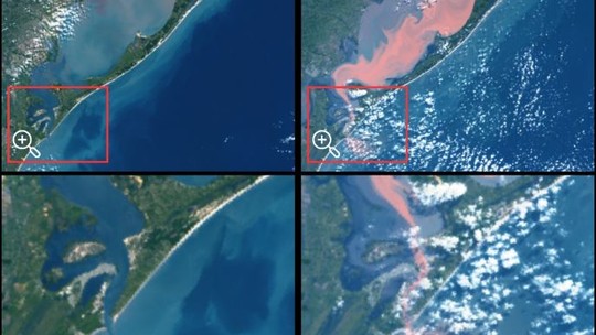 Nova imagem mostra mancha marrom de enchentes no RS chegando ao mar - Foto: (LODS/FURG/Divulgação)