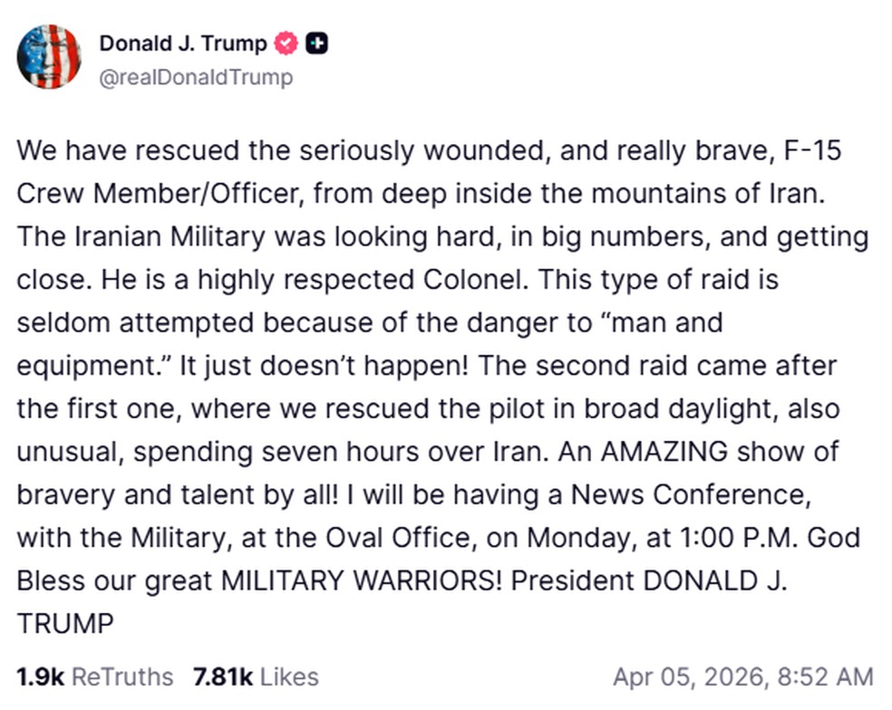 Presidente dos EUA, Donald Trump, dá detalhes sobre resgate de piloto no Irã em 5 de abril de 2026. — Foto: Reprodução/Donald Trump no Truth Social