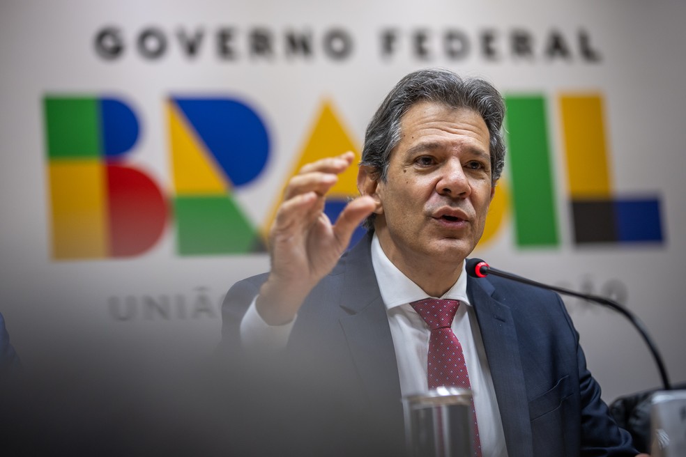 Ministro da Fazenda, Fernando Haddad, fala em coletiva de imprensa sobre o bloqueio do Orçamento e elevação do IOF — Foto: Diogo Zacarias/MF
