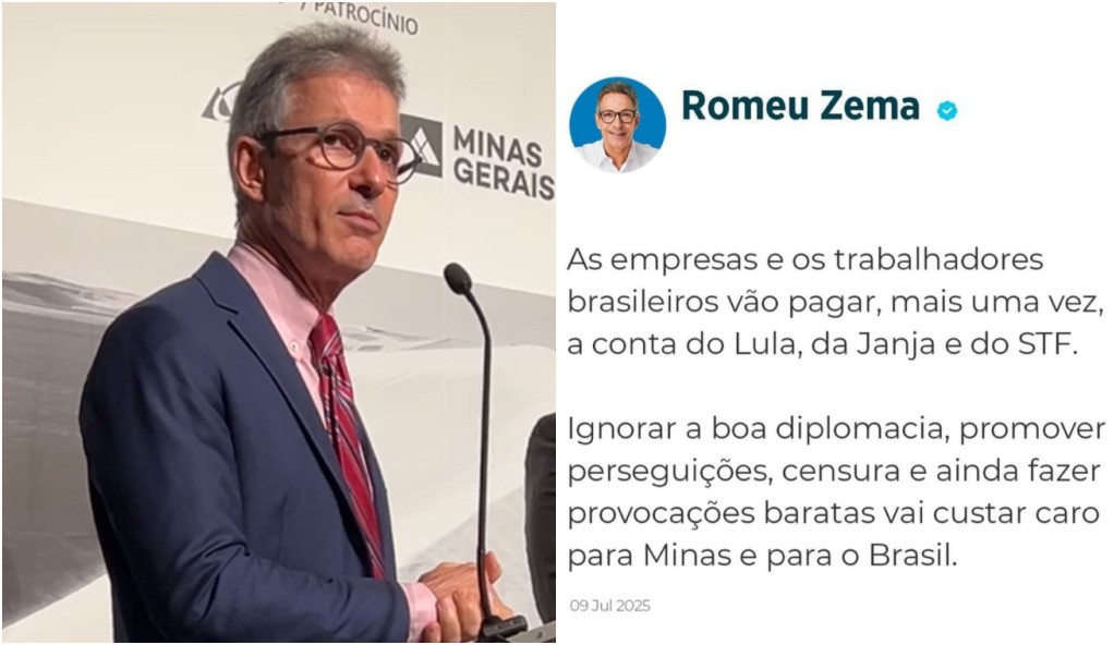 Tarifa de 50%: Zema diz que brasileiros vão 'pagar a conta' de Lula, Janja e STF