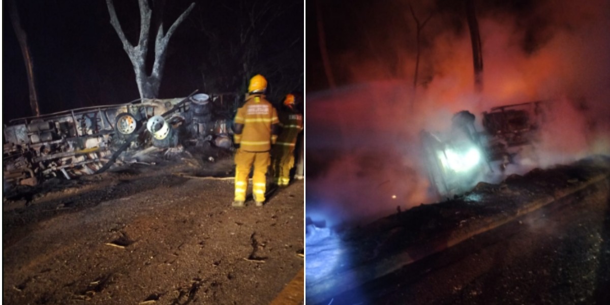 Caminhão com combustível tomba, pega fogo e motorista morre na MGC-120, em Água Boa