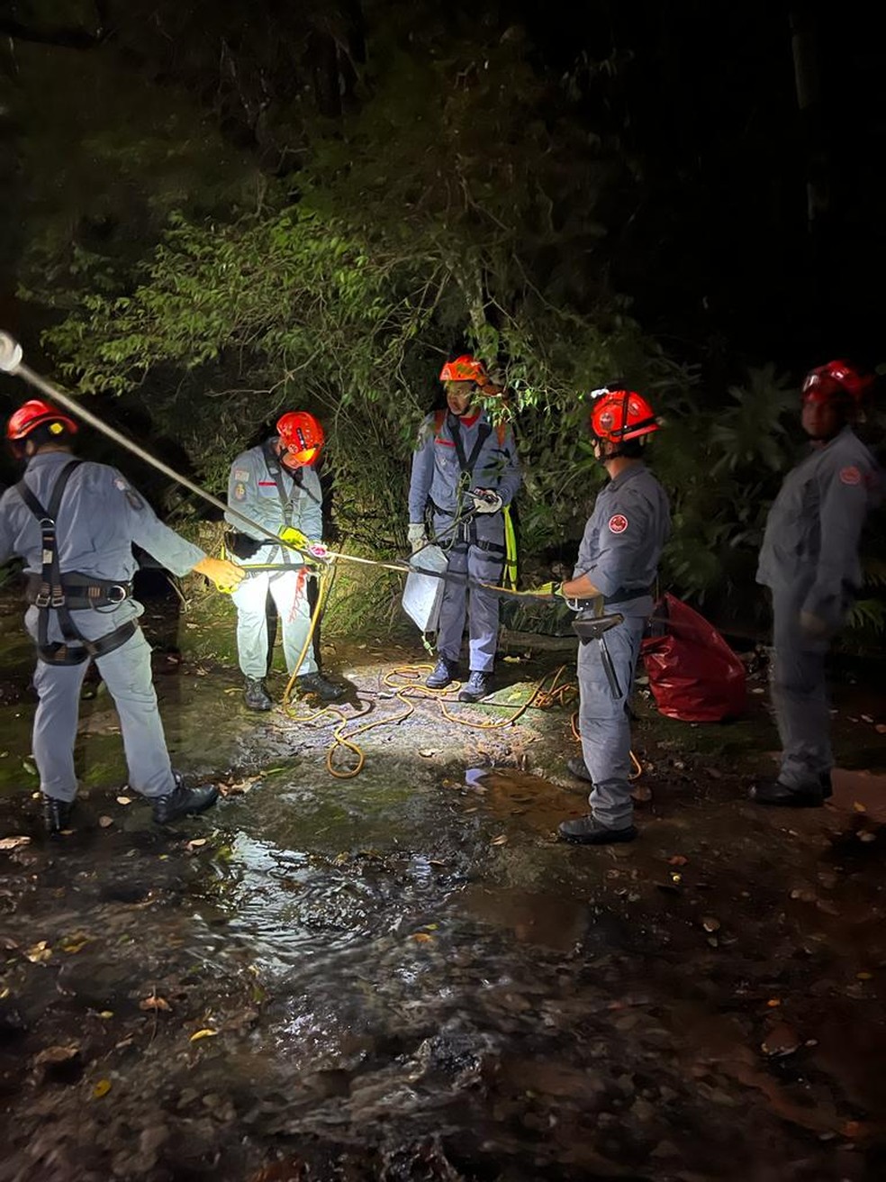 A equipe dos bombeiros montou uma estrutura de rapel para tentar chegar até a vítima — Foto: Corpo de Bombeiros/Divulgação