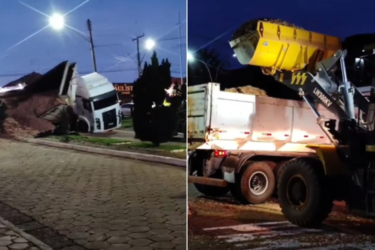 Motorista tenta fazer retorno, carreta tomba e fecha avenida em Regente Feijó 