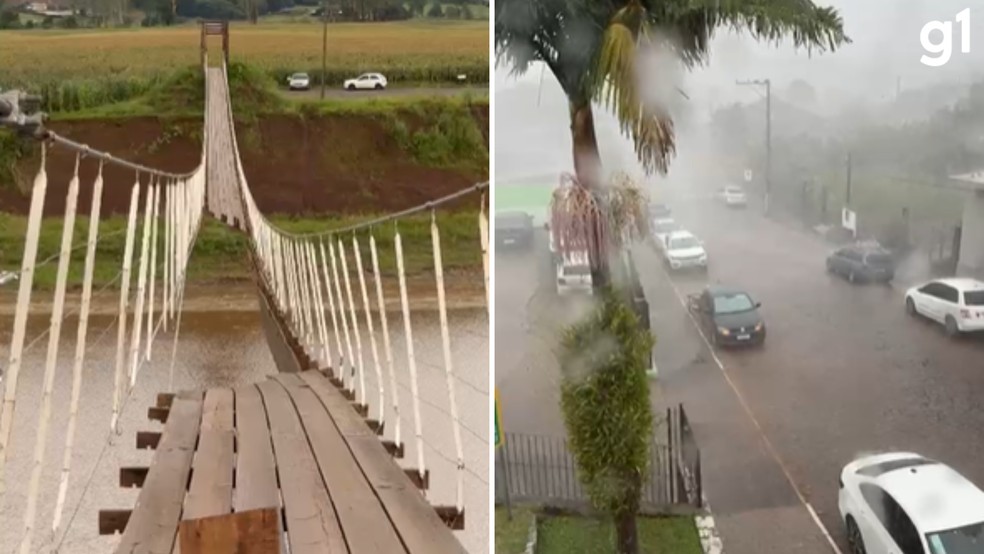 Ponte danificada e temporal de granizo em Marques de Souza — Foto: Prefeitura de Marques de Souza/Divulgação