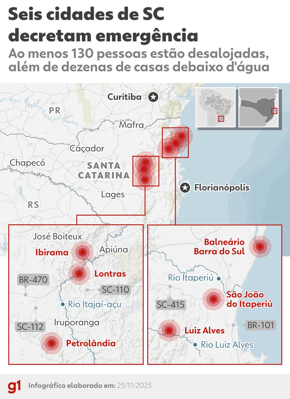 INFOGRÁFICO: cidades de SC decretam emergência — Foto: Arte/g1