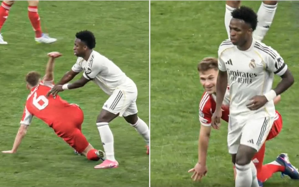 Vinícius Júnior e Joshua Kimmich: brasileiro empurra o alemão após uma disputa de bola e uma falta marcada entre entre Real Madrid e Bayern de Munique — Foto: Reprodução