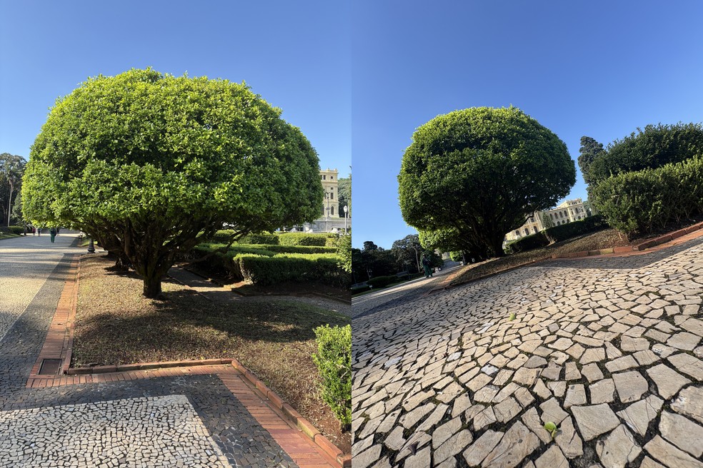 Paisagem: à esquerda, com a lente principal sem mudar a posição da câmera, à direita, com a lente de ponta-cabeça próxima ao chão — Foto: Henrique Martin/g1