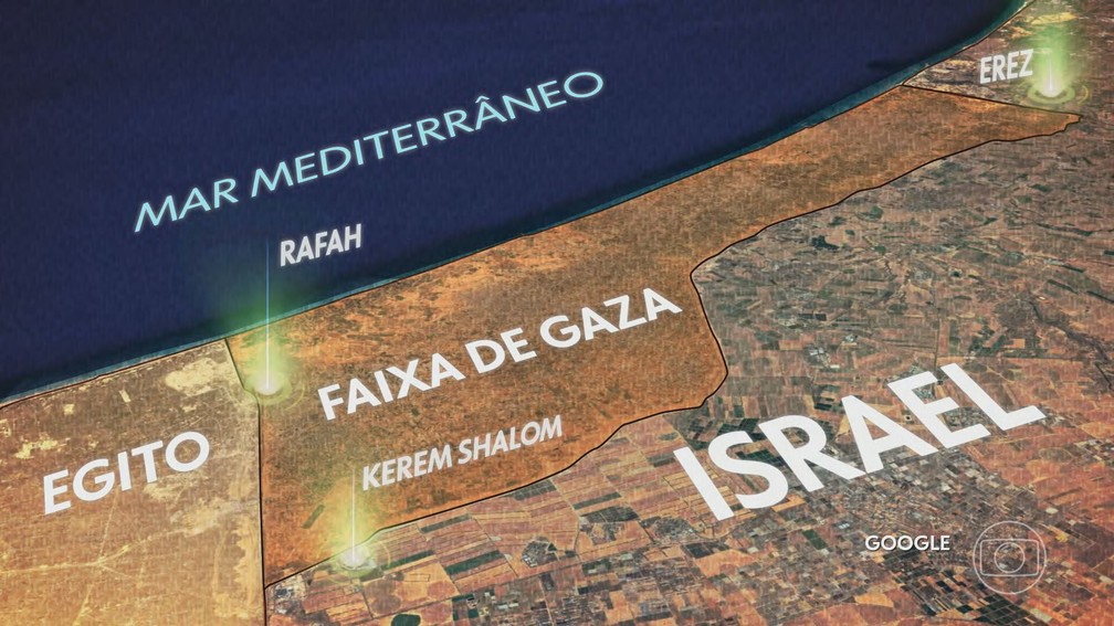 Faixa de Gaza: uma estreita faixa de terra entre Israel, Egito e o Mar Mediterrâneo — Foto: JN