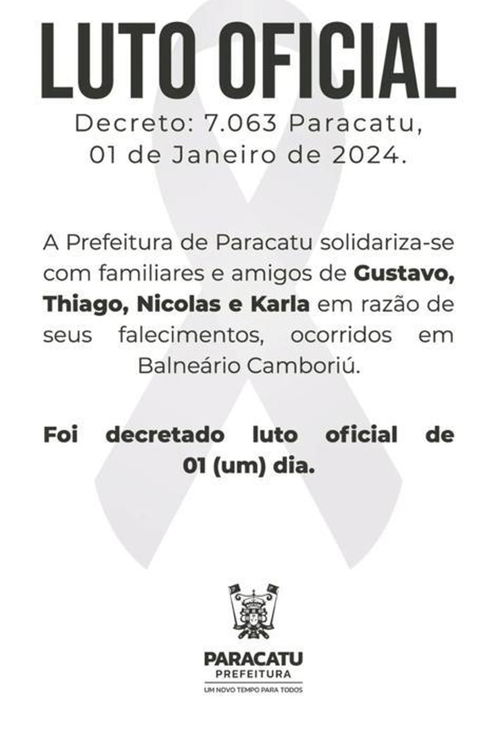 Paracatu decreta luto oficial — Foto: Redes sociais/Divulgação