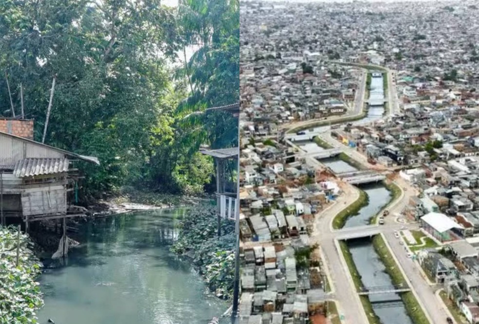 Canal do Mata Fome, que passa por obra, e a Bacia do Tucunduba, em áreas periféricas de Belém — Foto: Reprodução