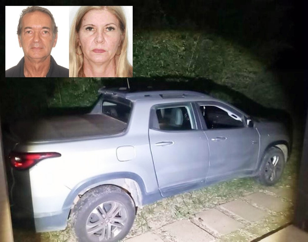 Caminhonete onde vítimas foram encontradas; no destaque, as vítimas — Foto: Polícia Militar e Reprodução
