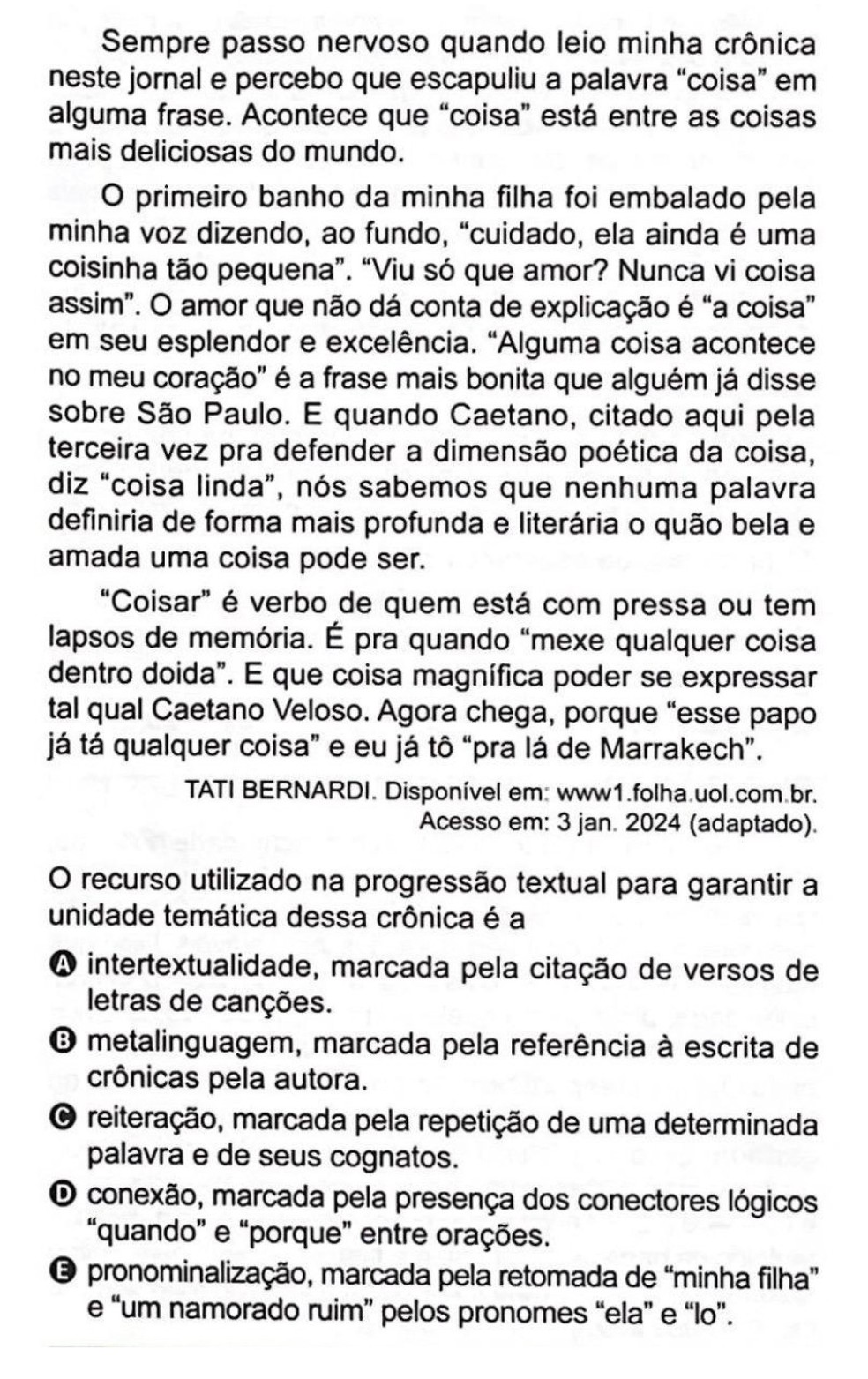 Enem 2024 - questão sobre Caetano Veloso. — Foto: Reprodução