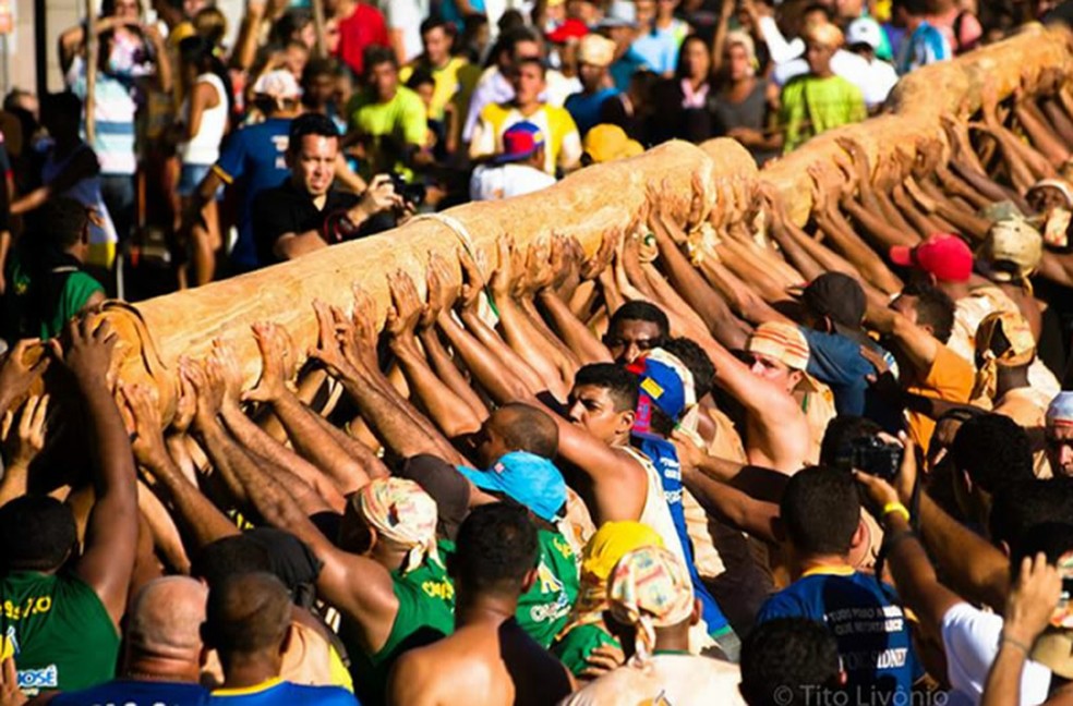 Na cidade de Barbalha, os festejos de Santo Antônio incluem o cortejo do pau da bandeira e mobilizam multidões — Foto: Tito Livônio/Pixel 3000