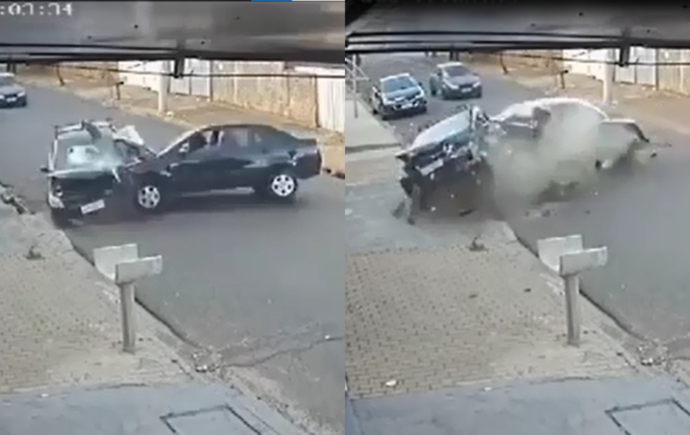 Três adultos, uma criança e dois bebês ficam feridos após colisão entre veículos em Bauru — Foto: Reprodução/Câmera de Segurança