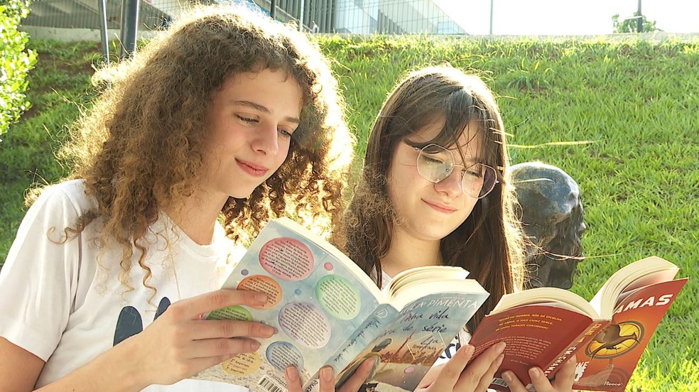 Alunas leem na hora do recreio ao invés de usarem celular em escola que proibiu aparelho em 2022 em Ribeirão Preto, SP — Foto: Tiago Aureliano/EPTV