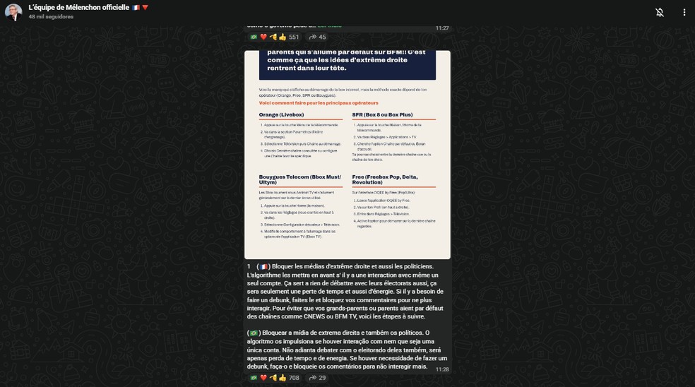 Grupo francês passa 'missões' para apoiadores de esquerda. — Foto: Reprodução/WhatsApp