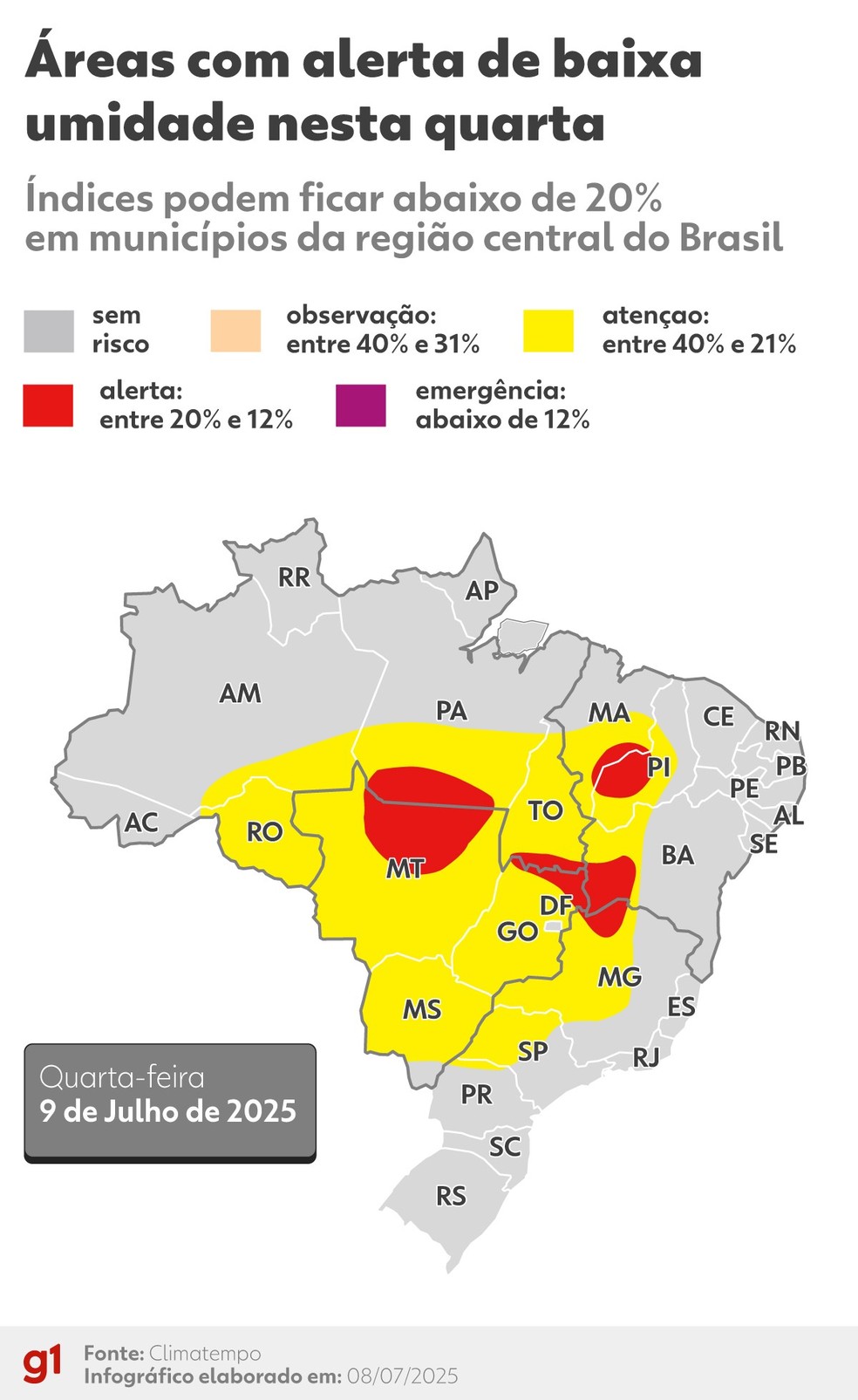 Áreas com alerta de baixa umidade. — Foto: Arte/g1
