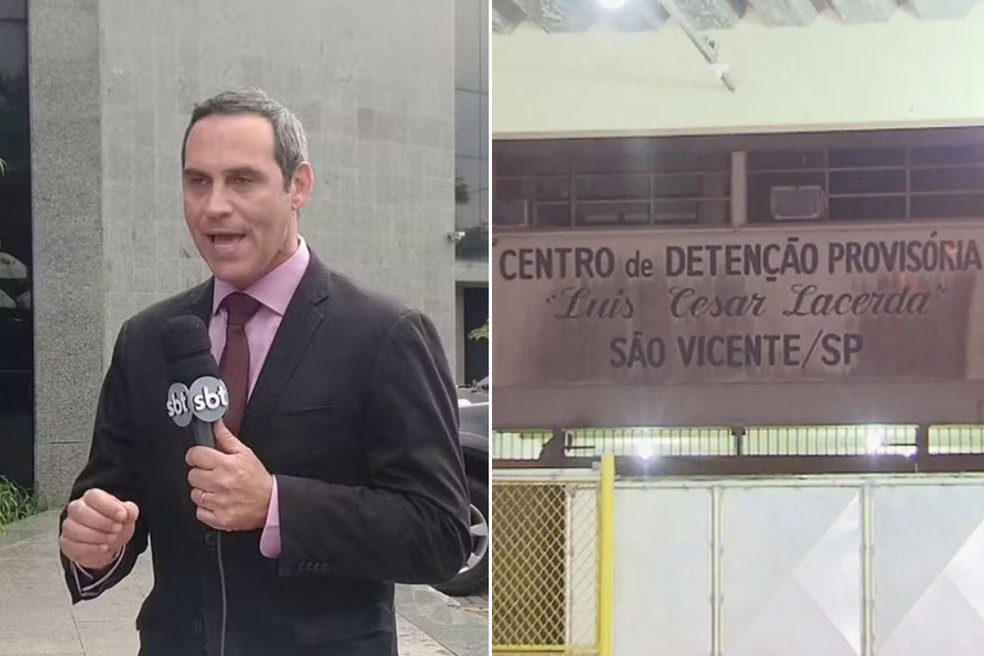 Defesa do ex-apresentador Marcelo Carrião diz que cliente tem sinais de necrose na perna após ter sido picado por aranha-marrom no CDP de São Vicente (SP) — Foto: Reprodução e Reprodução/TV Tribuna