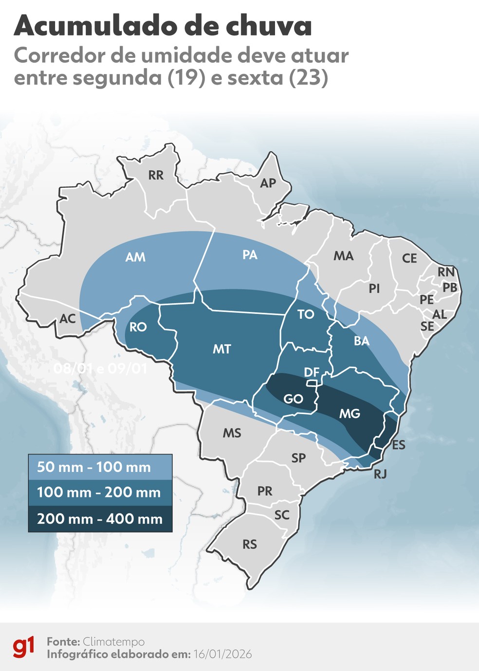 Corredor de umidade deve trazer chuva para a faixa central do país. — Foto: Arte/g1