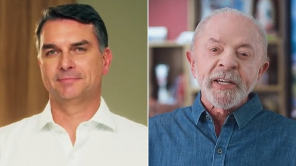 Flávio Bolsonaro (PL) e Lula (PT) durante o horário eleitoral gratuito dessa quarta-feira (21). — Foto: Reprodução