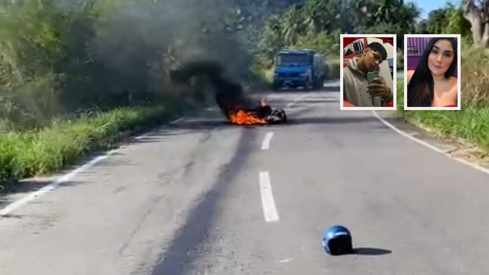 Moto em que os irmãos estavam pegou fogo após bater de frente com caminhão na CE-187, em Ipu, no Ceará. — Foto: Arquivo pessoal