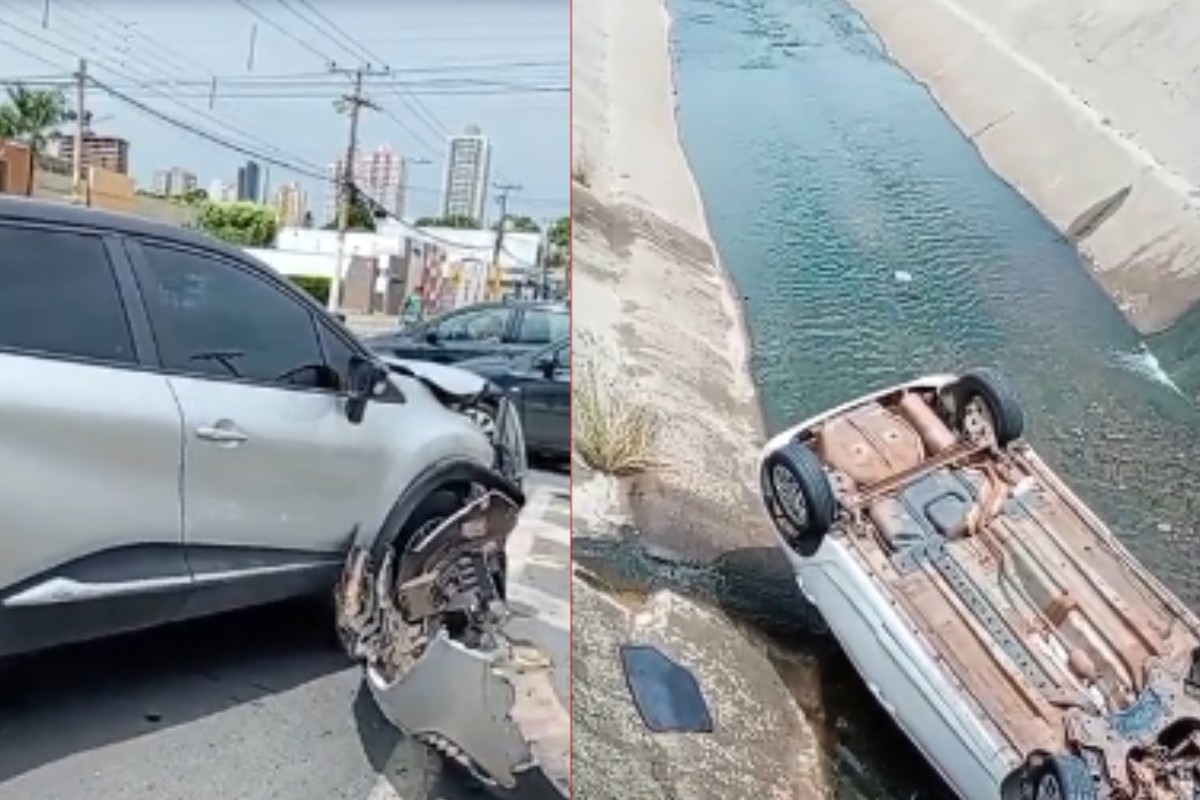 Carro cai em córrego após batida e deixa quatro feridos em Cuiabá