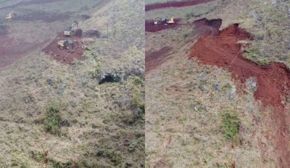 Montagem de fotos mostra antes e depois de soterramento de gruta em MG — Foto: Divulgação/SBE