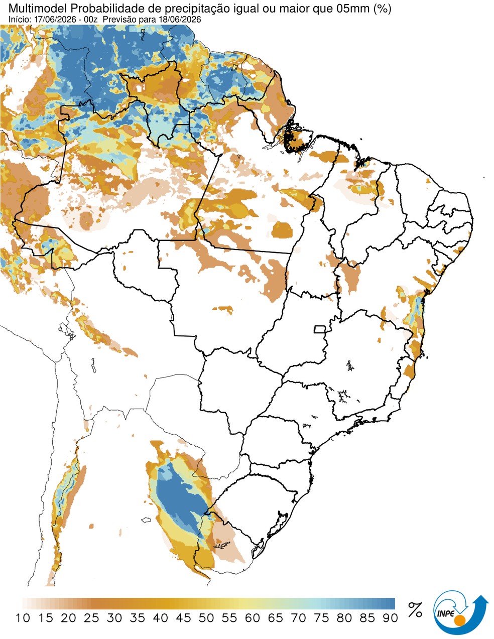 Previsão de chuva nesta quinta em todo o país. — Foto: CPTEC/Inpe