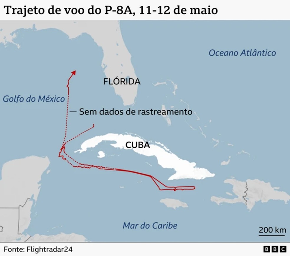 A aeronave chegou a 80 km de distância do sul de Cuba, segundo os dados do Flightradar24. — Foto: FlightRadar/Via BBC
