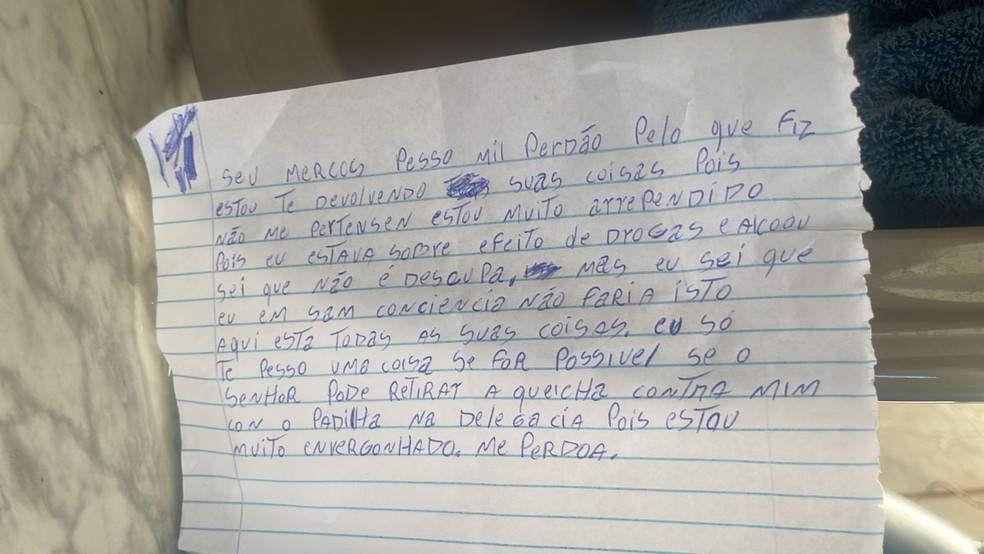 Carta foi enviada ao dono junto com objetos furtados — Foto: Divulgação