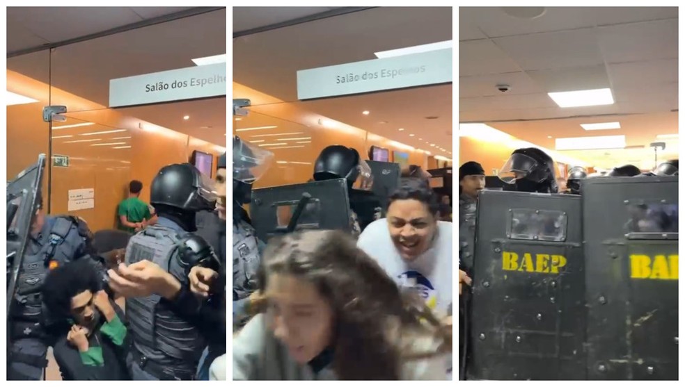 Estudantes são agredidos com golpes de cassetete por policiais do BAEP. — Foto: Reprodução/Deputada Thainara Faria