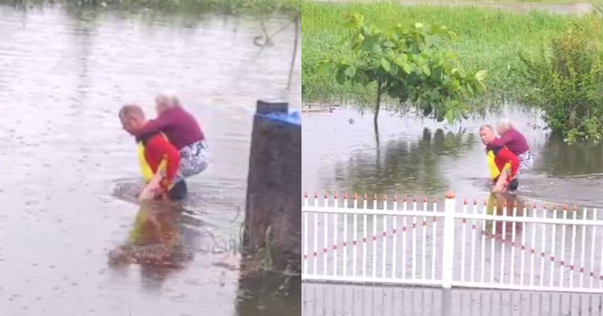 VÍDEO: Agente da Defesa Civil resgata idosa ilhada e carrega ela nas costas em alagamento no litoral do Paraná