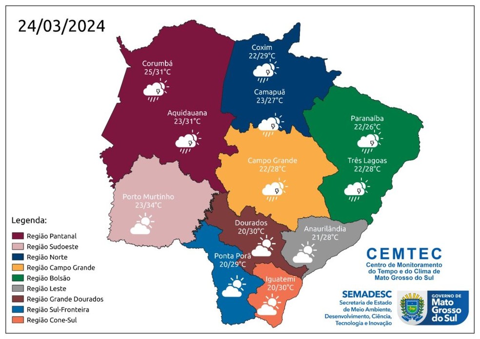 Previsão do tempo para Mato Grosso do Sul — Foto: Cemtec/ Reprodução