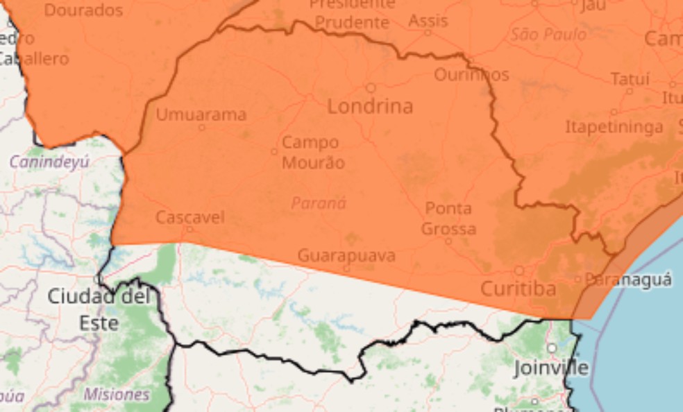 Cidades em alerta laranja no Paran&aacute;. &mdash; Foto: Inmet